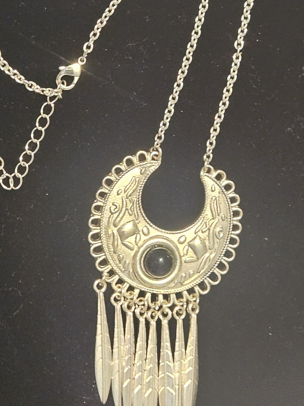 Silvertone Crescent Pendant Necklace with Black Stone